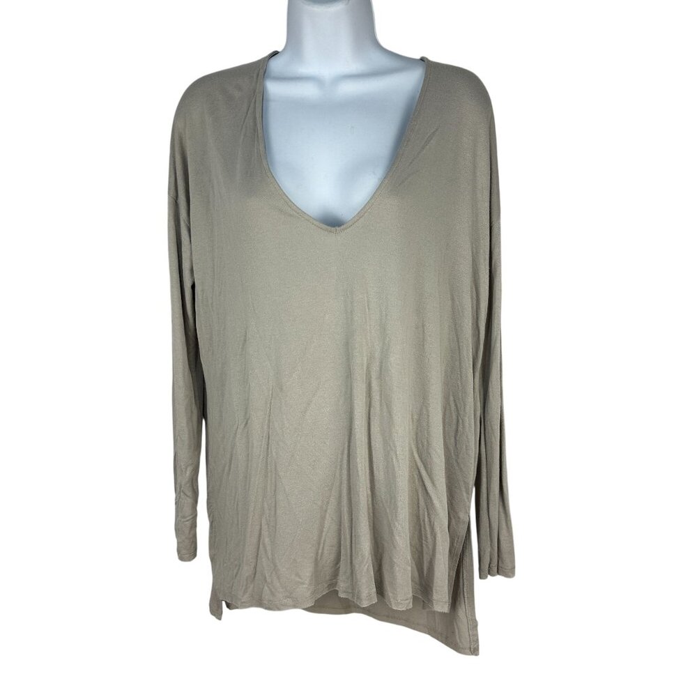 Double Zero Taupe Long Sleeve V Neck High Low Top Size Small Relaxed Fit